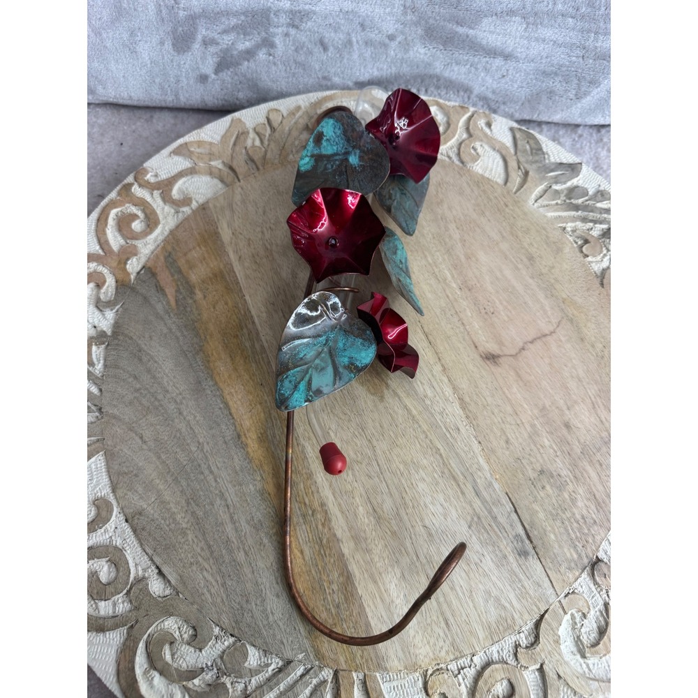 Copper Hummingbird Feeder Red Flower Verdigris Leaf Metal Hanging Garden Art 12"